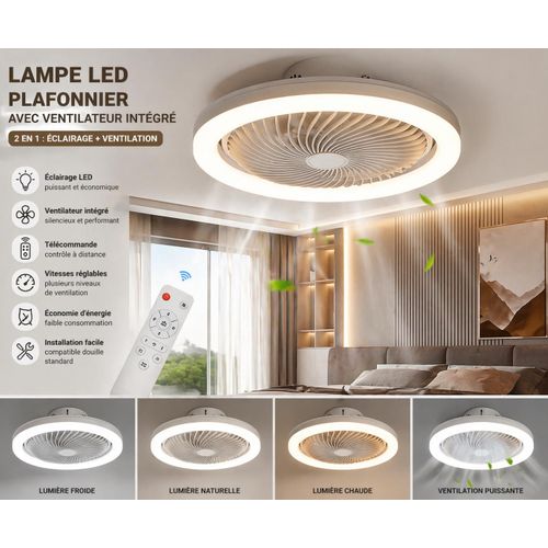 Lampe LED Plafonnier avec Ventilateur Intégré et Télécommande – 2en1 Éclairage + Refroidissement