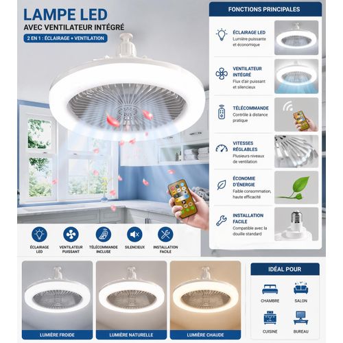 Lampe LED Plafonnier avec Ventilateur Intégré et Télécommande – 2en1 Éclairage + Refroidissement