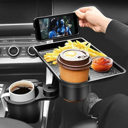 Porte-Gobelet de Voiture avec Plateau Extensible et Rotation 360° – Support Repas, Téléphone, Café et Accessoires