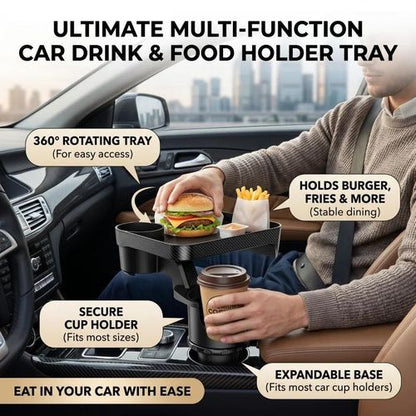 Porte-Gobelet de Voiture avec Plateau Extensible et Rotation 360° – Support Repas, Téléphone, Café et Accessoires