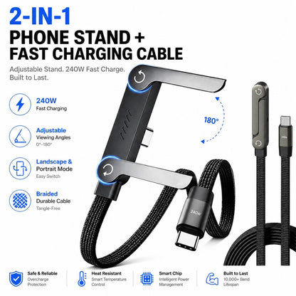 Câble type-c vers type-c 240 W avec support pliable intégré pour téléphone et tablette.
