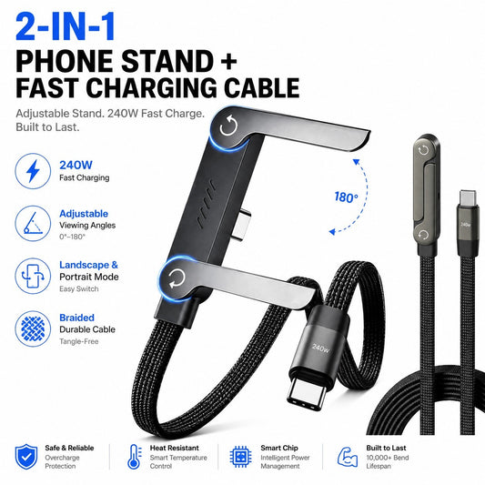 Câble type-c vers type-c 240 W avec support pliable intégré pour téléphone et tablette.